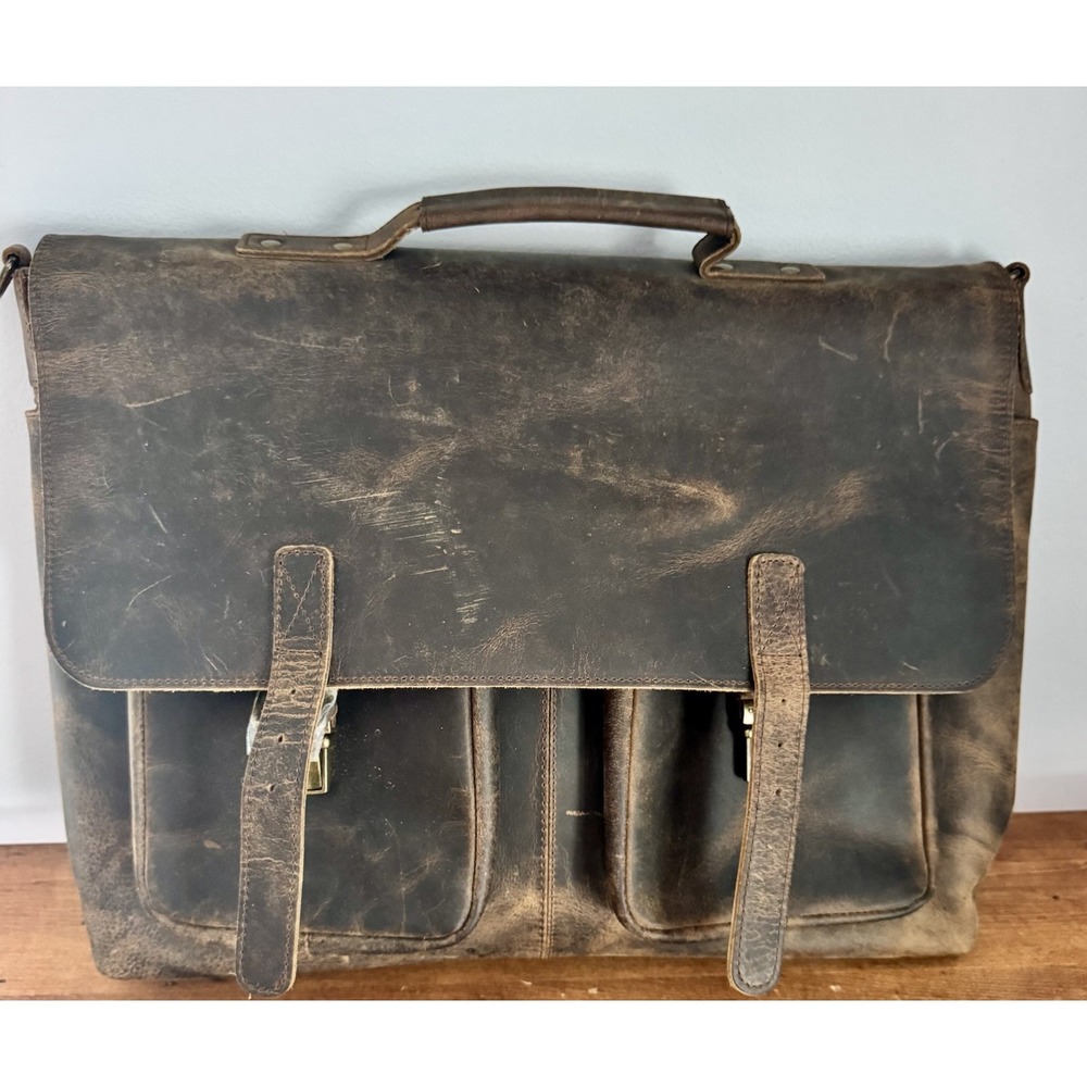 KomalC Distressed Leather Messenger Briefcase Laptop Bag Brown 18" Satchel